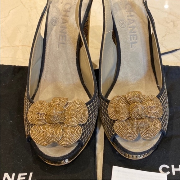 Chanel Metallic Gold/Black Satin - Size 8 - Picture 5 of 6